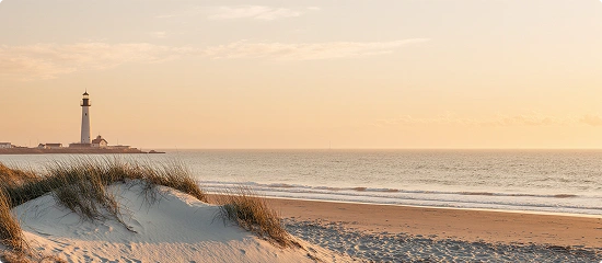 Skagen beach dunes with lighthouse at sunset